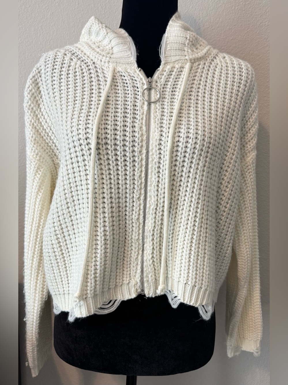 American Threads Cream Distressed Chunky Knit Zip Hoodie Sweater Small